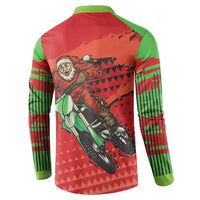 Back view red and green button front long-sleeve sweatshirt with motocross Santa graphic