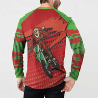 Back view red and green long-sleeve button sweatshirt with rider and Santa graphic