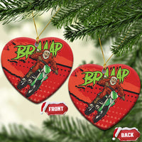 Red ceramic motocross Santa heart-shaped ornament with gold string, two hanging