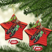 Red ceramic motocross Santa star-shaped ornament with gold string, front and back views