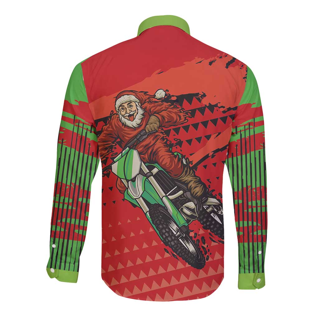 Red long sleeve button shirt with green sleeves and back Santa motocross graphic
