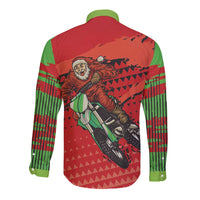 Red long sleeve button shirt with green sleeves and back Santa motocross graphic