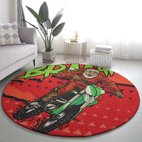 Round red circular rug featuring Santa on a green motocross bike graphic