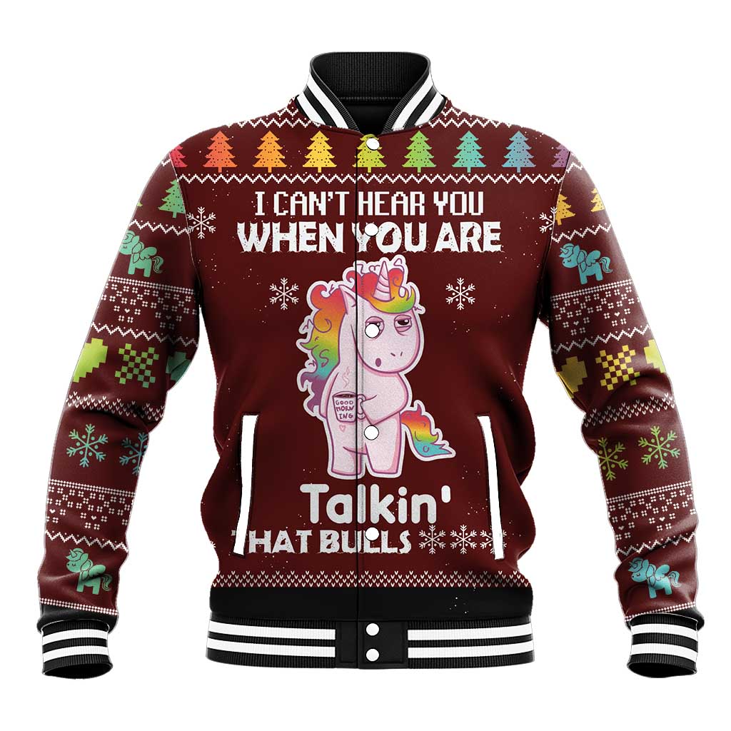 Unisex holiday baseball jacket with unicorn graphic, striped rib cuffs and collar