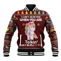 Unisex holiday baseball jacket with unicorn graphic, striped rib cuffs and collar