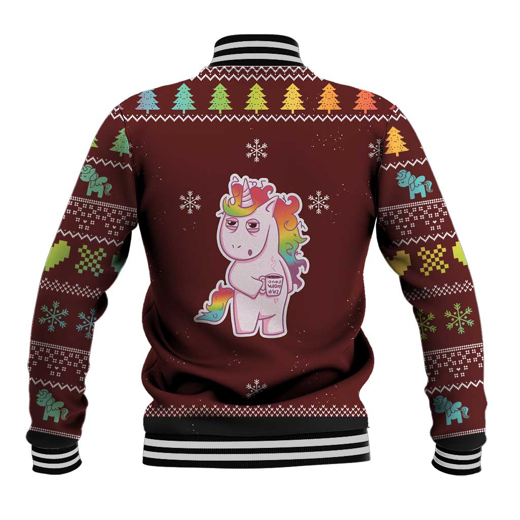 Unisex holiday baseball jacket back with unicorn graphic and holiday snowflake prints