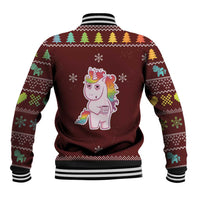 Unisex holiday baseball jacket back with unicorn graphic and holiday snowflake prints