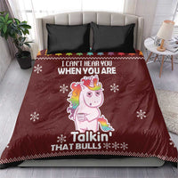 Burgundy unicorn Christmas bedding set with two black pillowcases, festive quote and trees