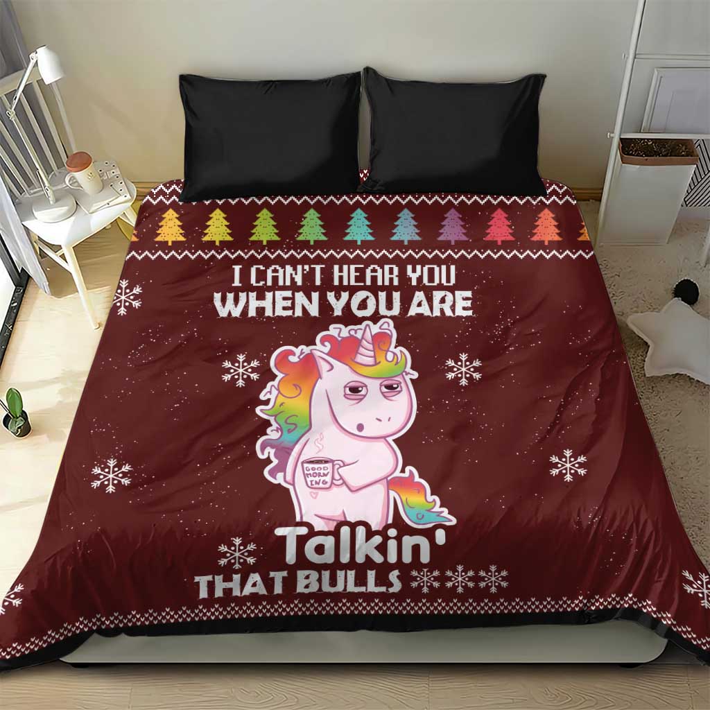 Burgundy unicorn Christmas duvet cover with black pillowcases, unicorn art and snowflake pattern