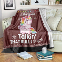 Burgundy unicorn Christmas blanket with ‘Talkin’ that bulls’ text and snowy border graphics