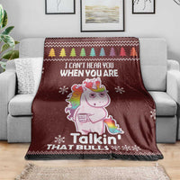 Burgundy unicorn Christmas blanket with unicorn portrait and ‘I can’t hear you’ headline text