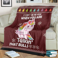 Burgundy unicorn Christmas blanket with unicorn art, ‘Talkin’ that bulls’ slogan, and trim border
