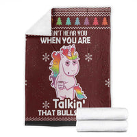 Burgundy unicorn Christmas blanket folded, featuring unicorn portrait and ‘I can’t hear you’ text