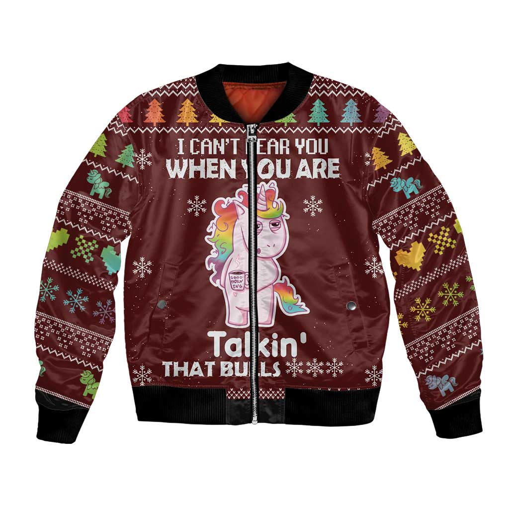 Unisex Christmas bomber jacket, dark maroon, unicorn graphic with front holiday text