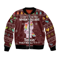 Unisex Christmas bomber jacket, dark maroon, unicorn graphic with front holiday text