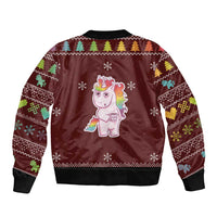 Unisex Christmas bomber jacket, dark maroon, unicorn graphic centered on back