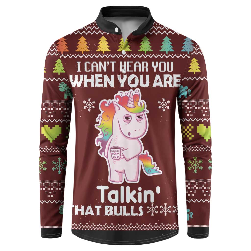 Maroon Christmas button sweatshirt with unicorn graphic and holiday text, long sleeves