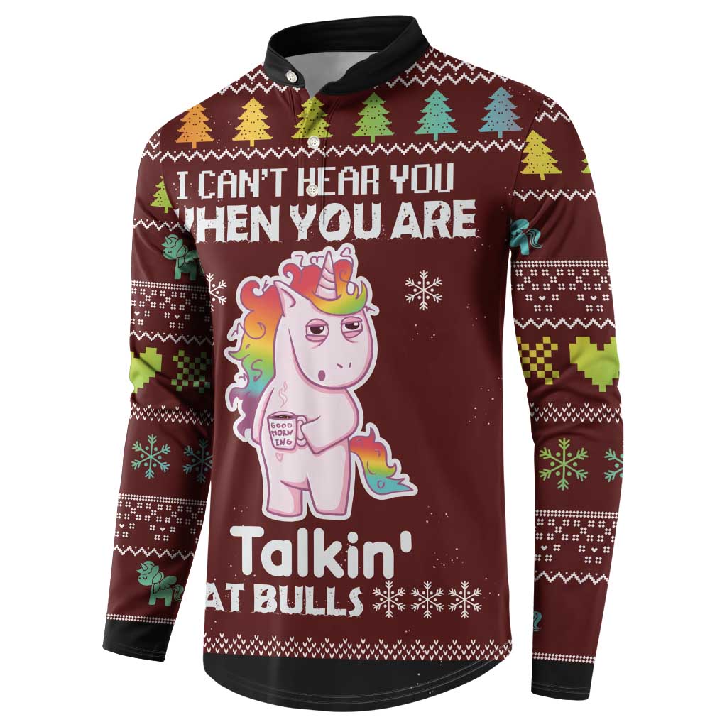 Maroon Christmas button sweatshirt with unicorn graphic, patterned sleeves and long sleeves