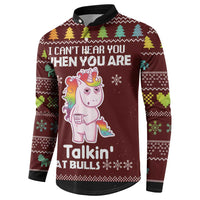 Maroon Christmas button sweatshirt with unicorn graphic, patterned sleeves and long sleeves