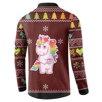 Maroon Christmas button sweatshirt, back unicorn graphic with snowflake accents, long sleeves