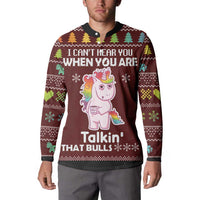 Maroon Christmas button sweatshirt on model, unicorn graphic with 'Talkin' that bulls' text