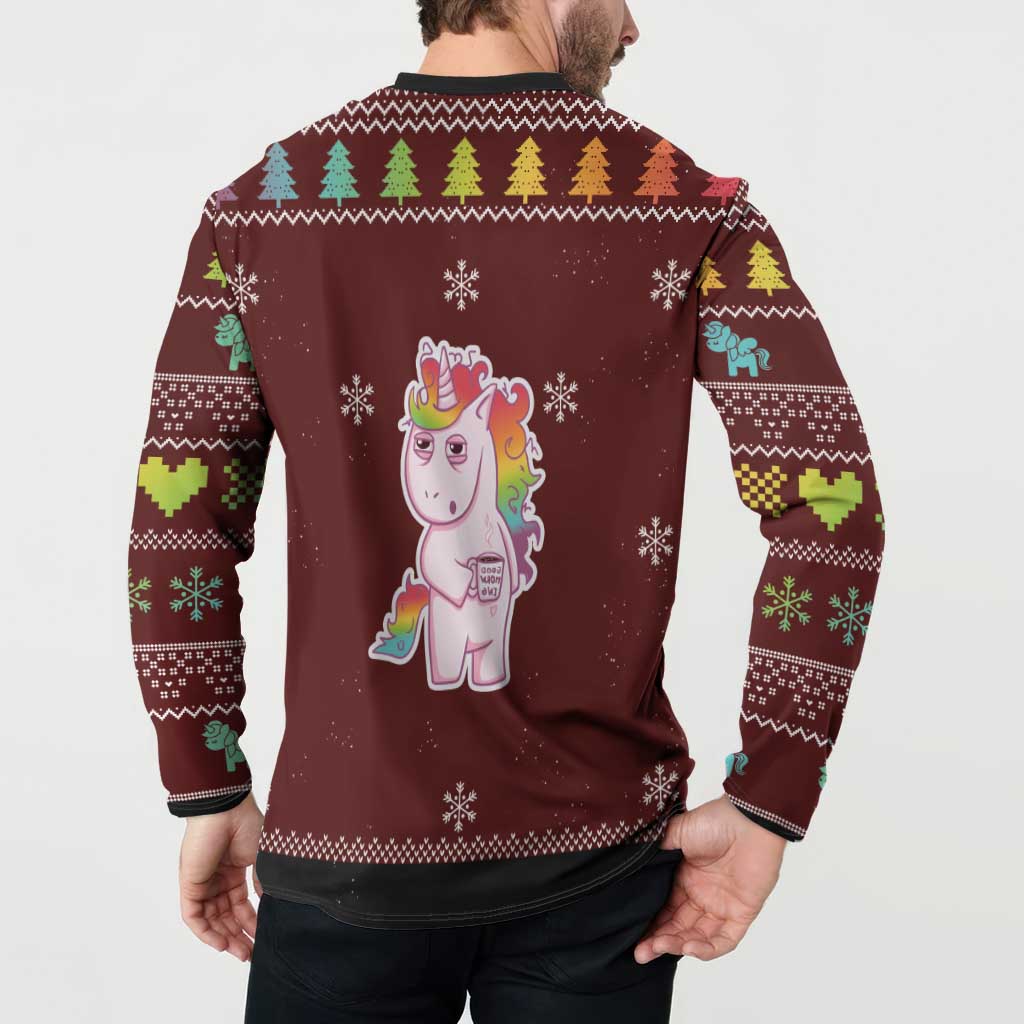 Maroon Christmas button sweatshirt on model, back unicorn graphic with snowflakes and trees
