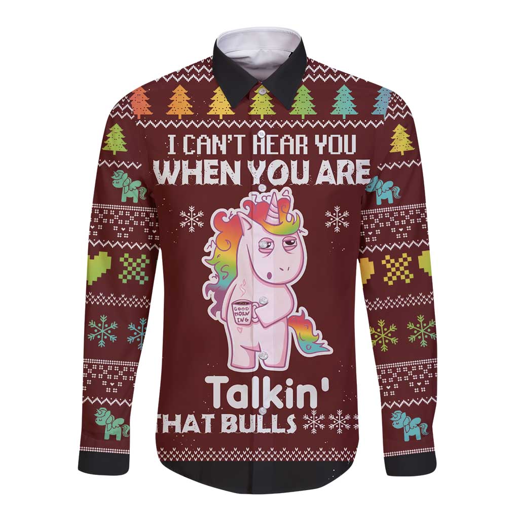 Unisex long-sleeve button shirt in dark burgundy with unicorn Christmas front print