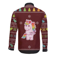 Unisex long-sleeve button shirt in dark burgundy with unicorn Christmas back graphic