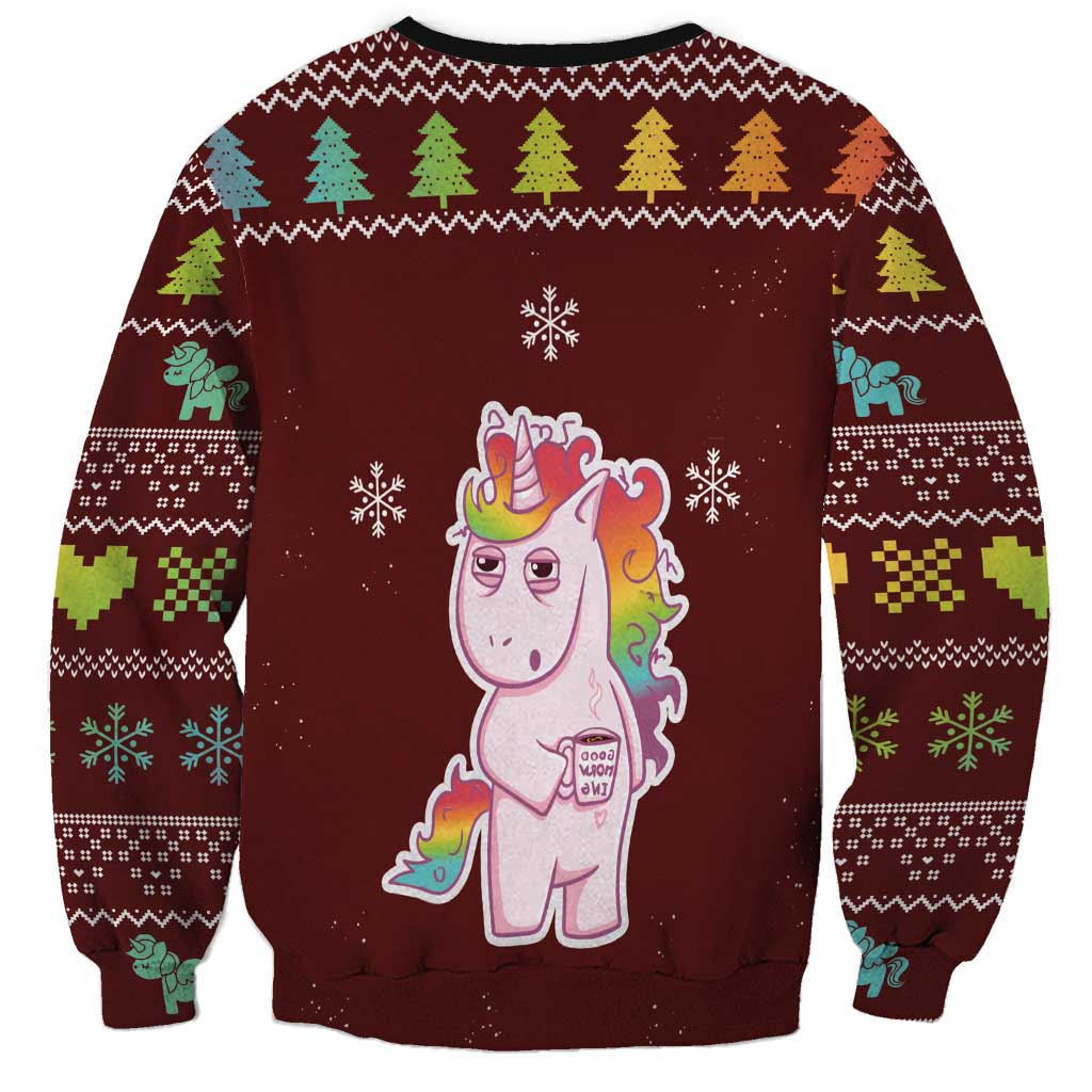 Dark red Christmas unicorn sweatshirt with colorful rainbow mane and snowflake prints