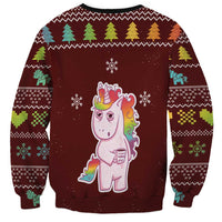 Dark red Christmas unicorn sweatshirt with colorful rainbow mane and snowflake prints