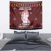 Burgundy Christmas tapestry showing a unicorn and snowflakes with 'Talkin' that bulls' text