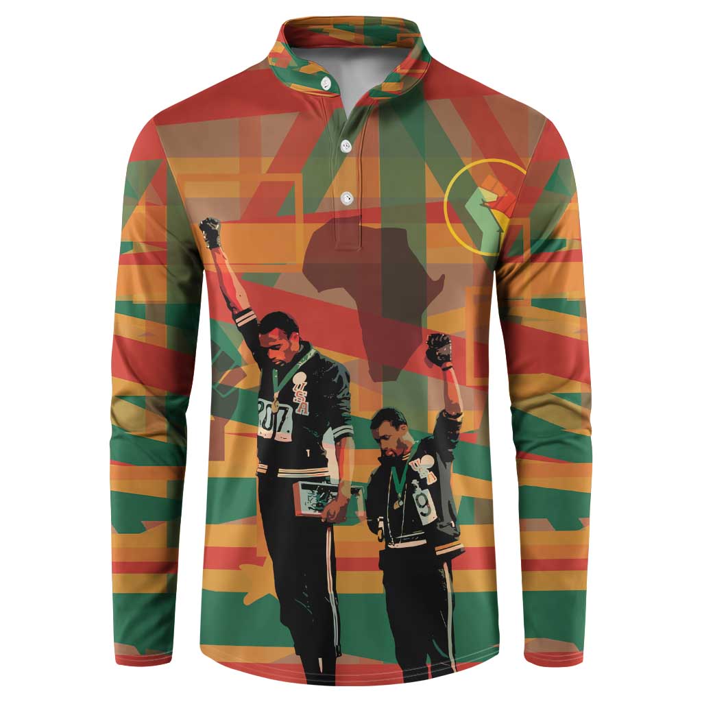Multicolor geometric long-sleeve button-up sweatshirt with front graphic of people and fists