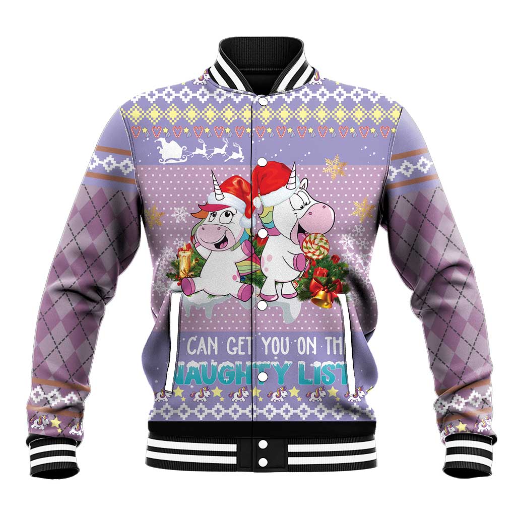 Light purple baseball jacket with unicorn holiday graphic and ribbed varsity collar