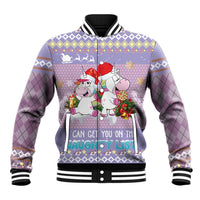 Light purple baseball jacket with unicorn holiday graphic and ribbed varsity collar