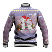 Light purple baseball jacket back with unicorns holding gifts, striped ribbed hem