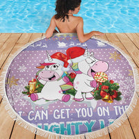 Light purple round unicorn Christmas beach blanket with fringe, unicorns and festive text