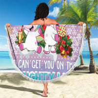 Light purple round unicorn Christmas beach blanket with fringe edge and unicorn illustration