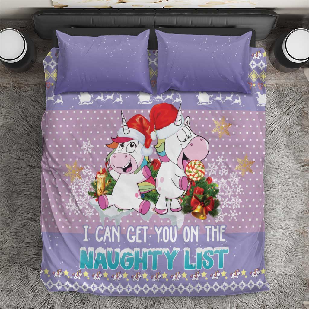 Light purple unicorn Christmas bedding set featuring red-hat unicorn and 'naughty list'