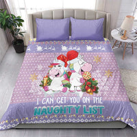 Light purple unicorn Christmas duvet with 'naughty list' lettering, snowflakes, and ornaments