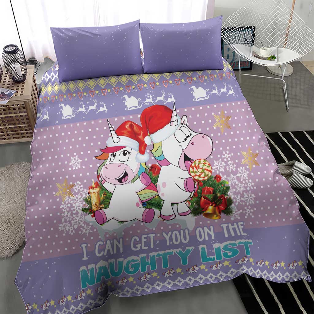 Light purple unicorn Christmas bedding set with 'naughty list' text and candy decorations