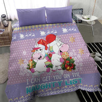 Light purple unicorn Christmas bedding set with 'naughty list' text and candy decorations