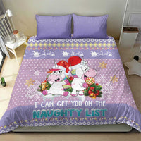 Light purple unicorn Christmas bedding set with 'naughty list' slogan and wrapped candy