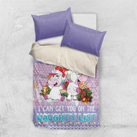 Light purple unicorn Christmas duvet cover with 'naughty list' text and snowflake dots