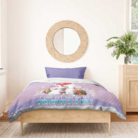 Light purple unicorn Christmas comforter with 'naughty list' text, gift and candy images
