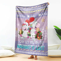 Light purple unicorn Christmas blanket with candy-cane horn and “naughty list” text