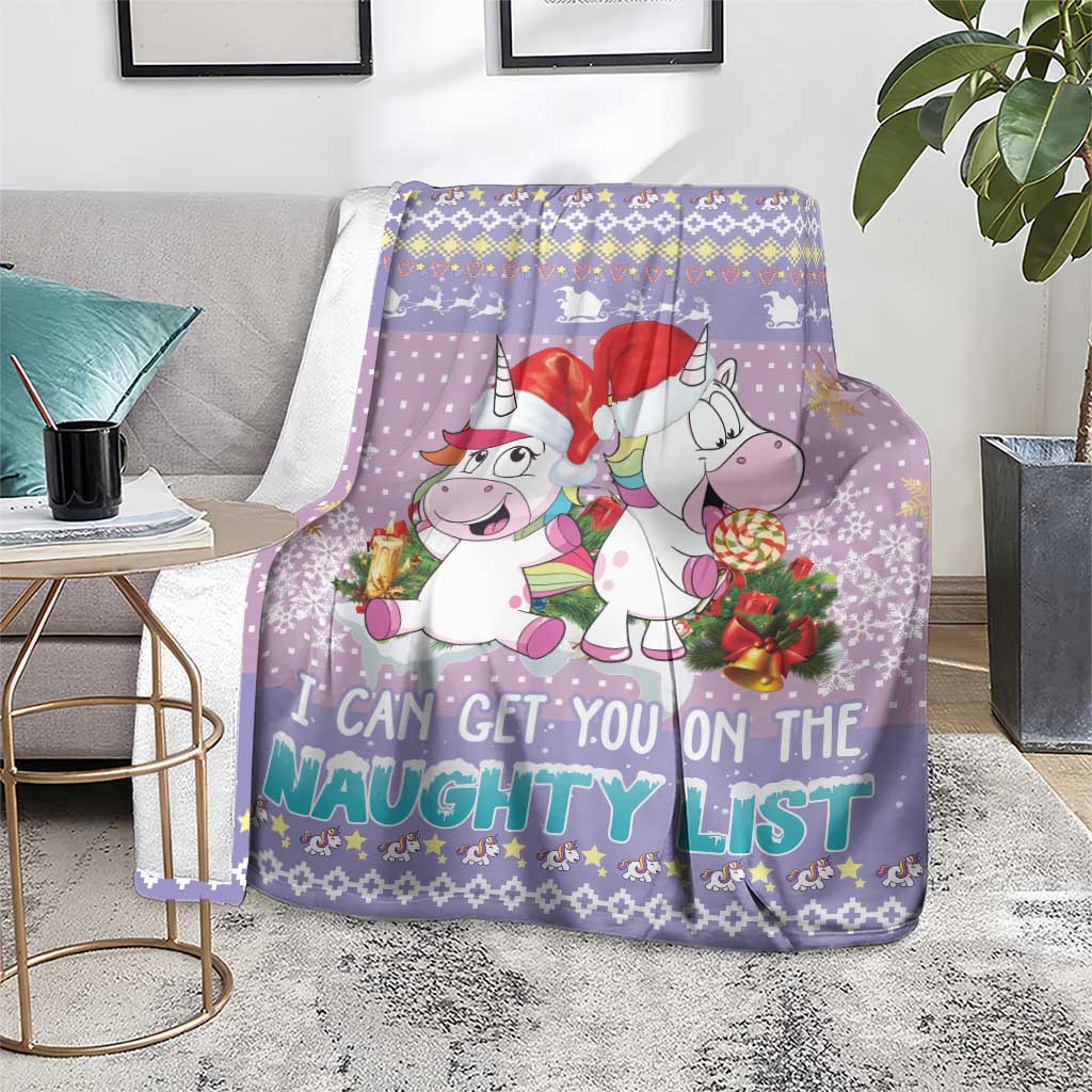 Light purple Christmas blanket with unicorns and colorful “naughty list” text