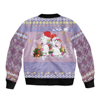 Light purple bomber jacket back with three unicorns holding gifts