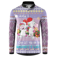 Light purple unicorn holiday button sweatshirt with black collar and festive graphic front