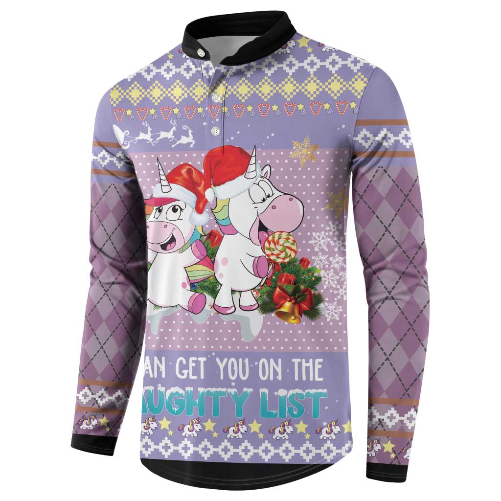 Light purple unicorn holiday button sweatshirt, full front view with black collar and sleeves
