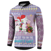 Light purple unicorn holiday button sweatshirt, full front view with black collar and sleeves